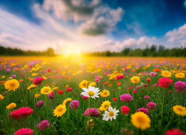 A field of flowers with a blue sky in the background