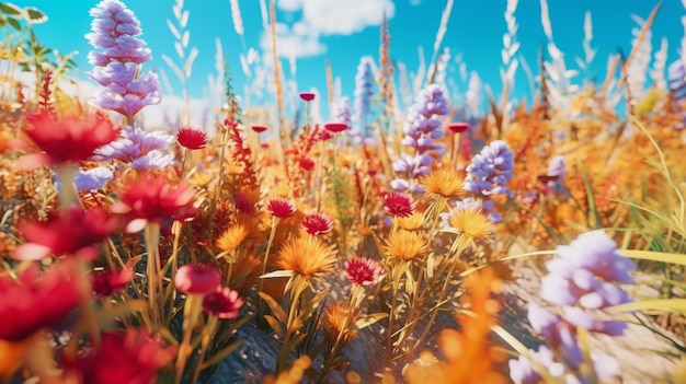 A field of flowers with a blue sky in the background