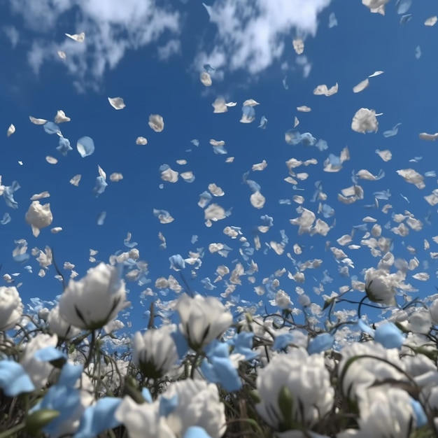 A field of flowers with a blue sky in the background.