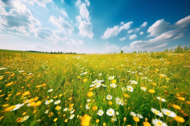 A field of flowers with a blue sky in the background