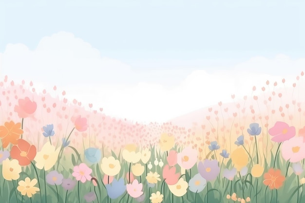 A field of flowers with a blue sky background