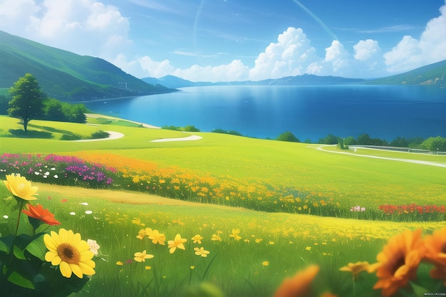 A field of flowers with a blue sky and a lake in the background