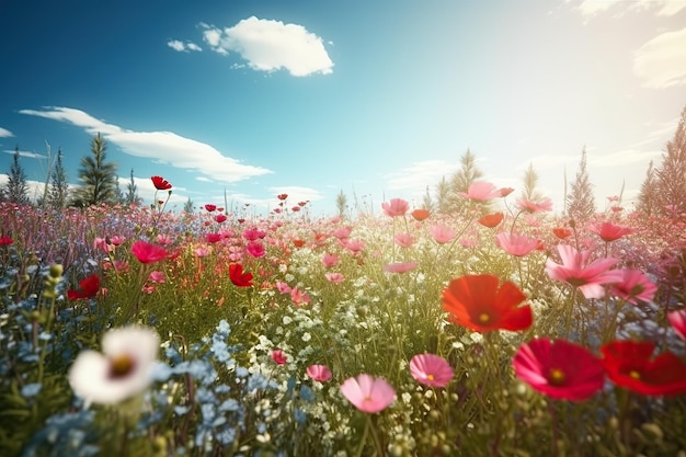 Поле цветов с голубым небом и солнцем за ним Иллюстрация цветочного луга весной
