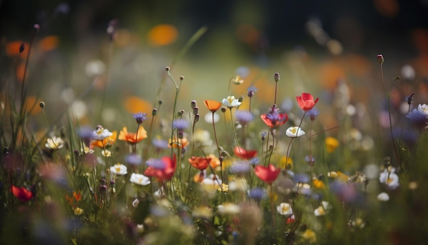 A field of flowers with a blue and white flower in the foreground