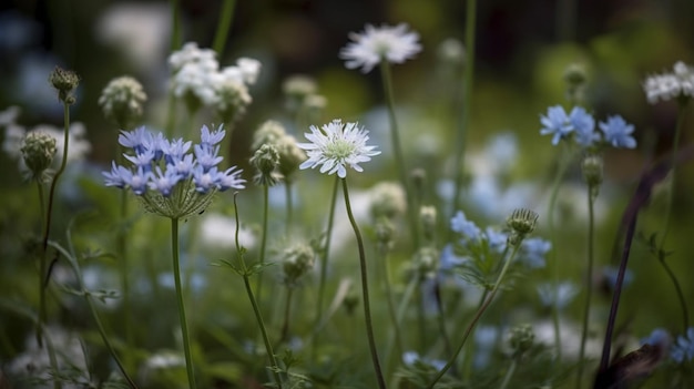 배경에 파란색과 흰색 꽃이 있는 꽃밭