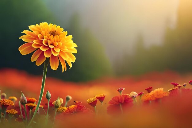 A field of flowers with a blurred background of trees and a sunset in the background.