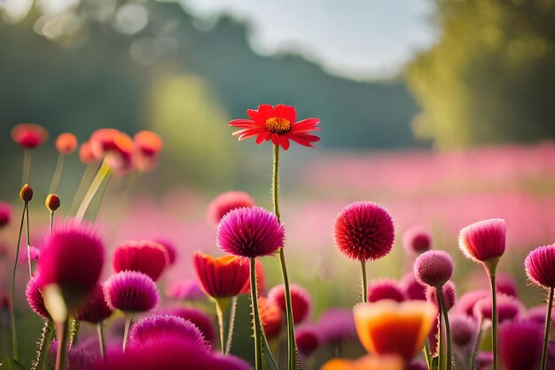 a field of flowers with a blurred background