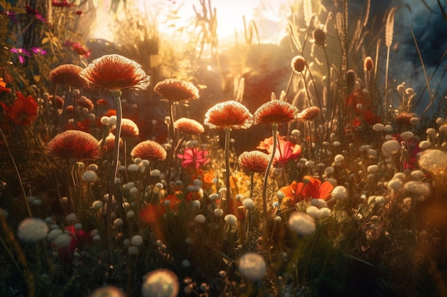 A field of flowers with a bright light behind the