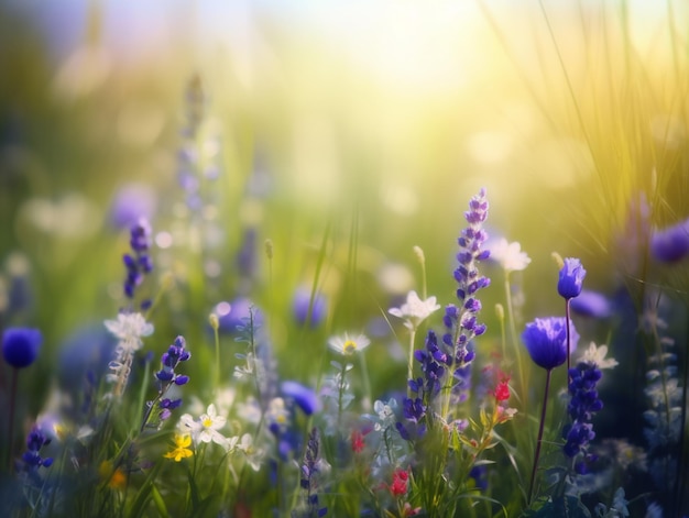 A field of flowers with a bright sun shining on the background.