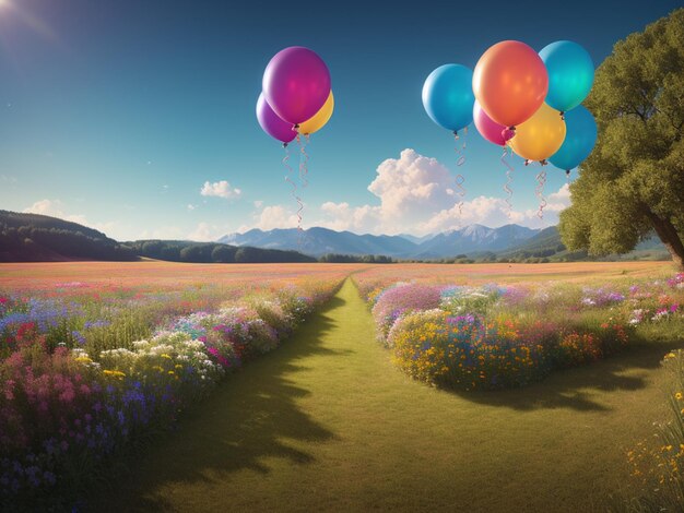 A field of flowers with a bunch of balloons floating above it