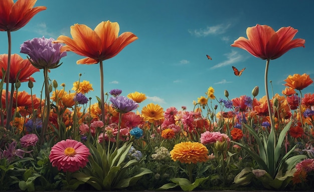 a field of flowers with butterflies and butterflies in the background With space for text