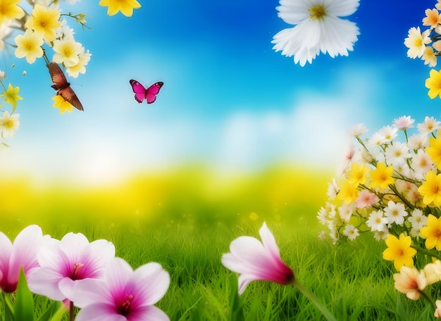 a field of flowers with butterflies and butterflies on a blue sky background