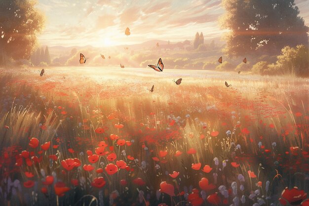 A field of flowers with butterflies flying in the sky