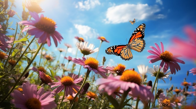 a field of flowers with a butterfly flying in the sky