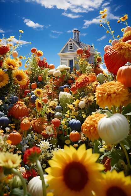 a field of flowers with a church in the background