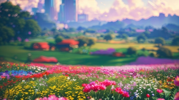 A field of flowers with a city in the background