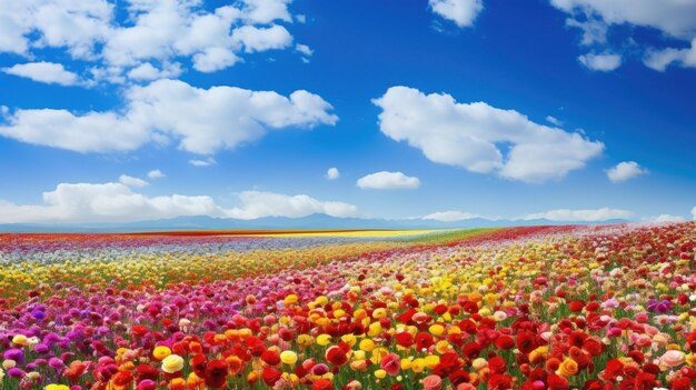 a field of flowers with clouds in the sky