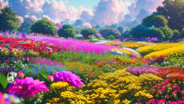 A field of flowers with a cloudy sky in the background