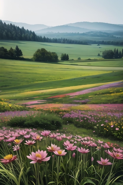 A field of flowers with a field of flowers in the background