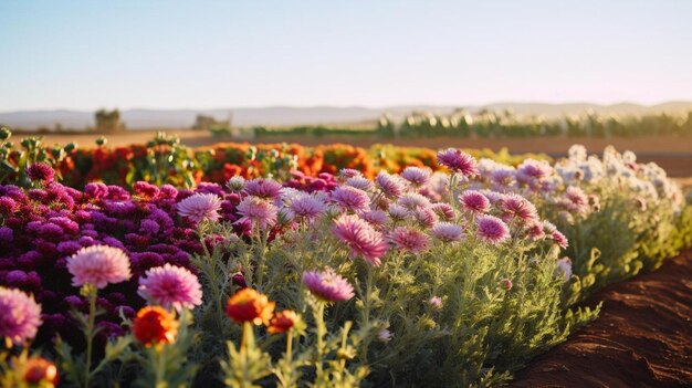 Photo a field of flowers with a field of flowers in the foreground