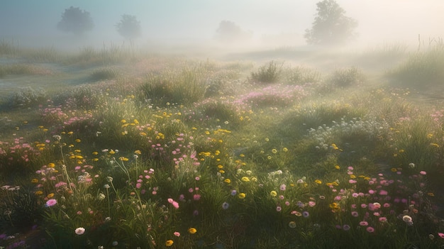 A field of flowers with a foggy background