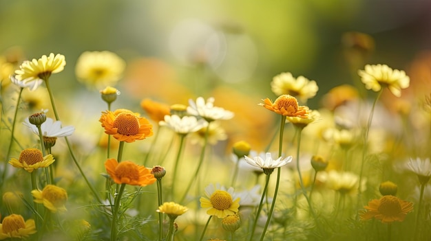 A field of flowers with a green background