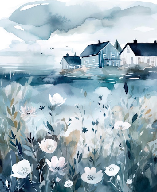 Field of flowers with a house in the background watercolor painting in a modern style