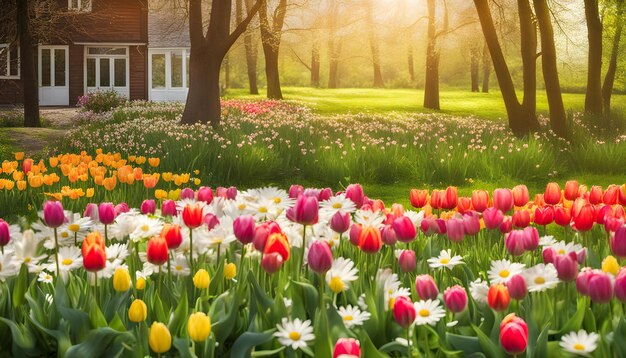 Photo a field of flowers with a house in the background