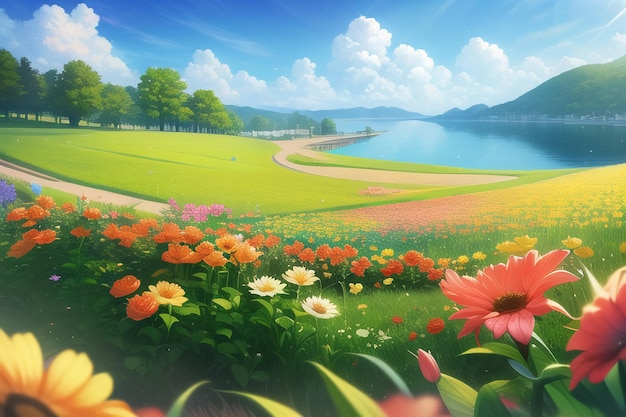 A field of flowers with a lake in the background