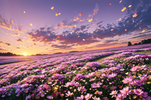 A field of flowers with leaves flying in the sky