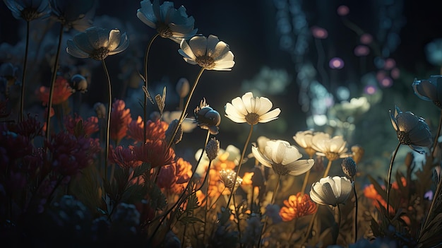 A field of flowers with a light on the bottom