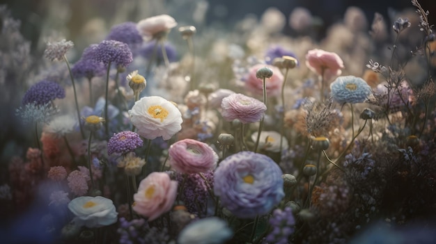 A field of flowers with a light shining on it