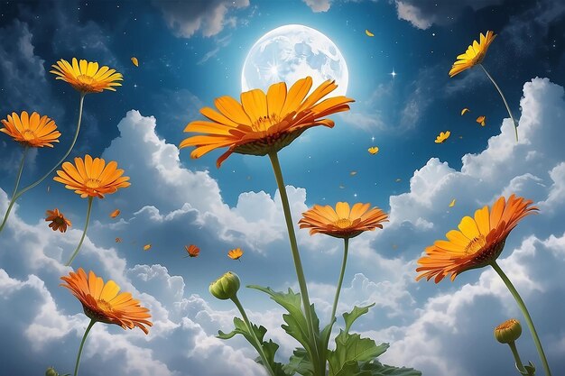 a field of flowers with the moon in the background
