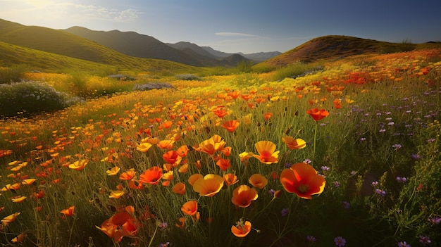 A field of flowers with a mountain in the background