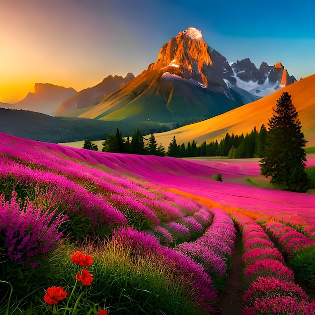 A field of flowers with a mountain in the background