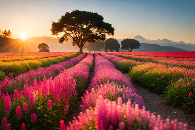 A field of flowers with a mountain in the background