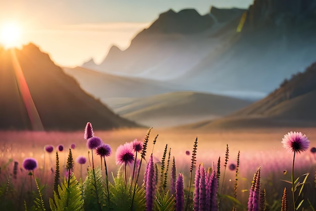 A field of flowers with a mountain in the background