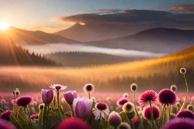 A field of flowers with a mountain in the background