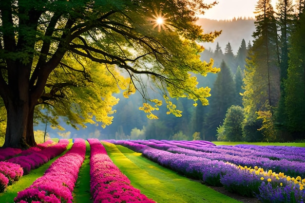 A field of flowers with a mountain in the background