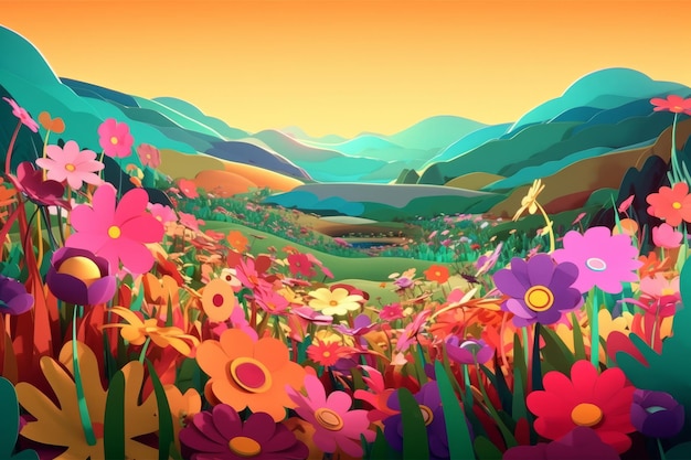 A field of flowers with a mountain in the background.