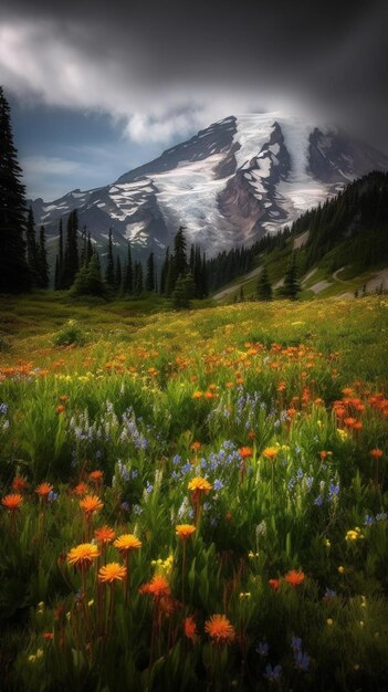 A field of flowers with a mountain in the background