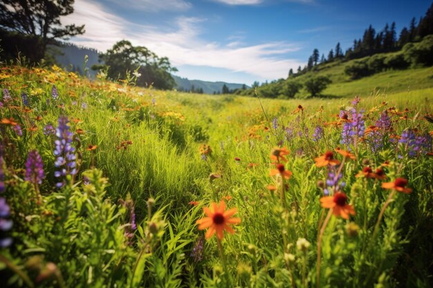 A field of flowers with a mountain in the background