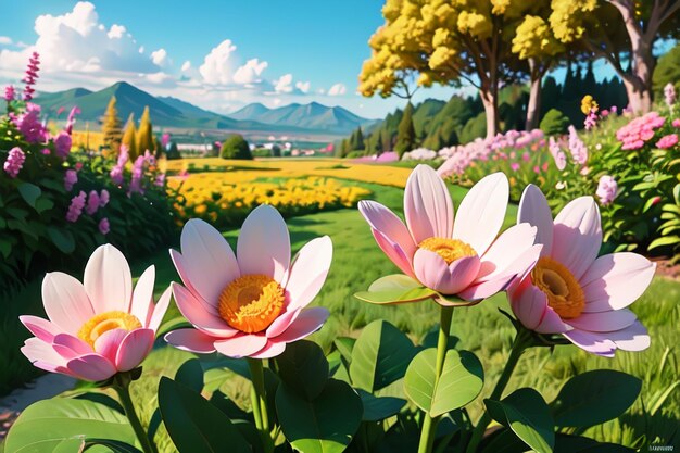 A field of flowers with a mountain in the background