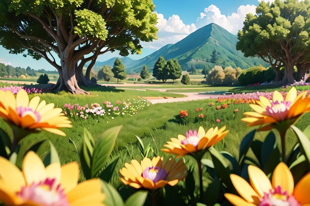 A field of flowers with a mountain in the background