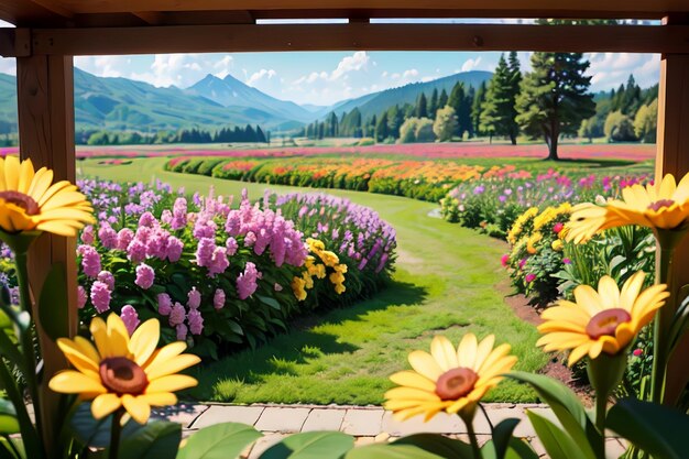 Photo a field of flowers with a mountain in the background