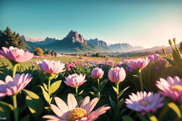 A field of flowers with a mountain in the background