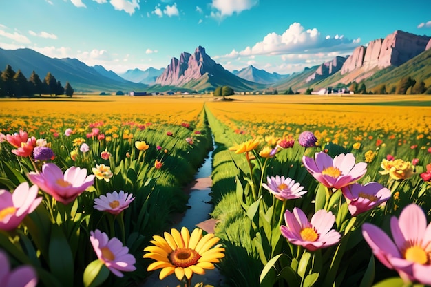 A field of flowers with a mountain in the background