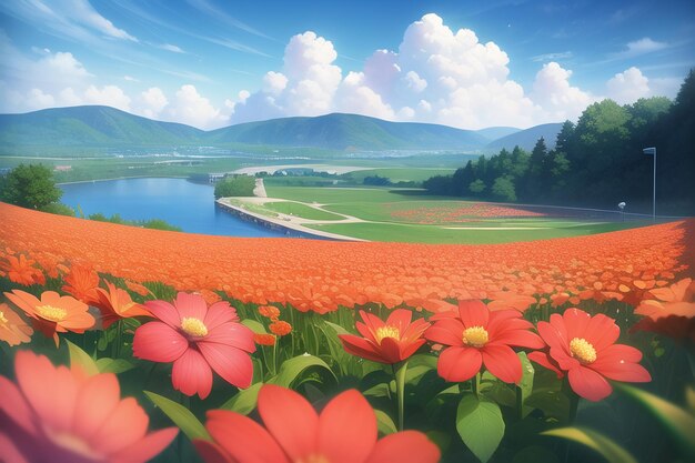 A field of flowers with a mountain in the background