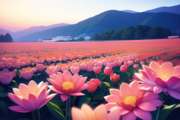 A field of flowers with a mountain in the background