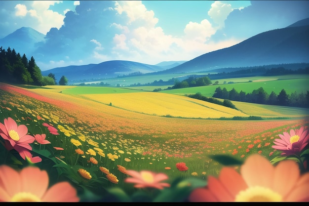 A field of flowers with a mountain in the background